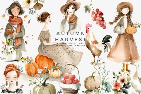 Download Watercolor Autumn Clipart Fall Girls Set - Autumn clipart Collection